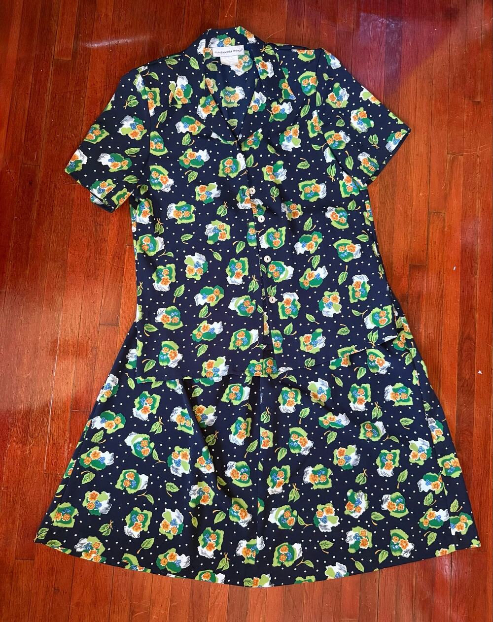 Vintage 90's Fundamental Things Navy Blue Polka Dot Floral Cottage Skirt Set Med